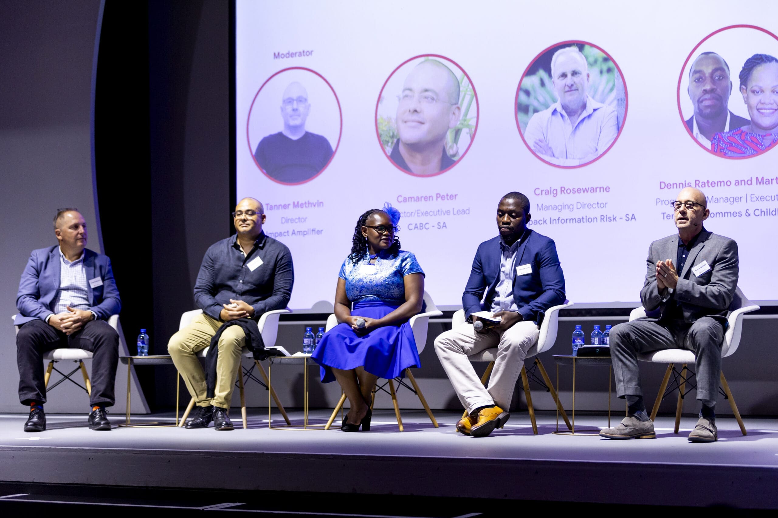 Caption : Panel discussion featuring Africa Online Safety Fund beneficiaries, Craig Rosewarne (Wolfpack Information Risk), Camaren Peter (Centre for Analytics and Behavioural Change), Martha Sunda (Childline Kenya), Dennis Ratemo (Terre des Hommes Netherlands), and panel moderator, Tanner Methvin (Impact Amplifier), at the African Online Safety Platform launch in Johannesburg.