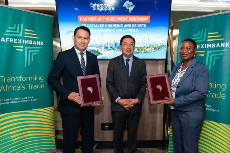 Mrs. Oluranti Doherty (right), Managing Director, Export Development Division, Afreximbank and Mr Geoffrey Yeo (left), Assistant Managing Director, Singapore Enterprise presenting the agreement, witnessed by H.E. Mr Dominic Goh (middle) Singapore's Ambassador to the Arab Republic of Egypt