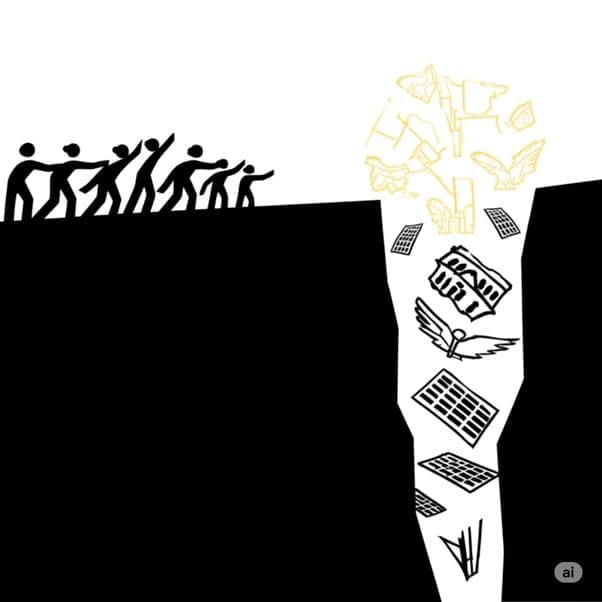 Where Are The Black Investors And VCs? Images generated by Google Gemini. A silhouetted group of Black entrepreneurs stand on one side of a chasm, reaching toward a brightly lit cluster of venture capitalists on the other. The chasm symbolizes capital and network gaps, with fragments of angel groups and traditional funding paths scattered within it.