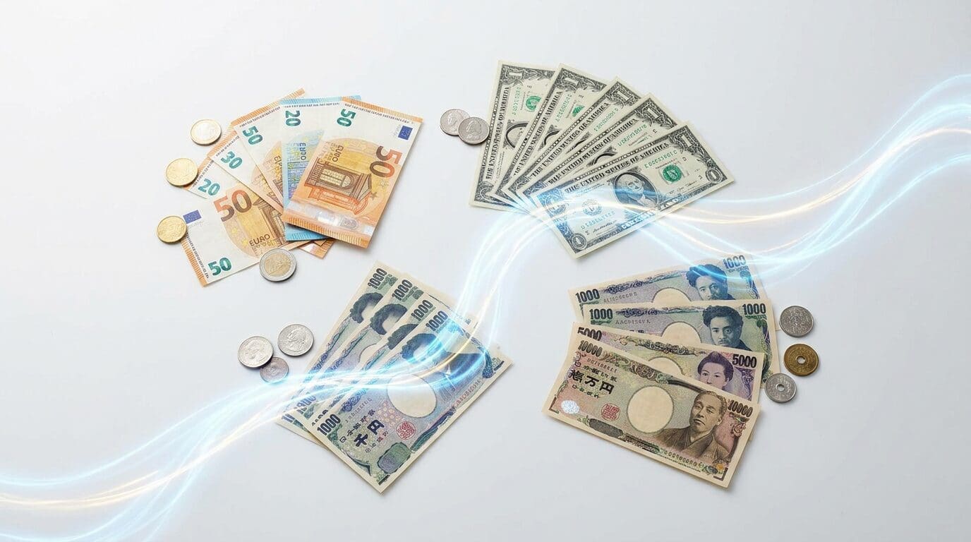 Physical international currency with digital light streams flowing between them, representing the evolution of money.