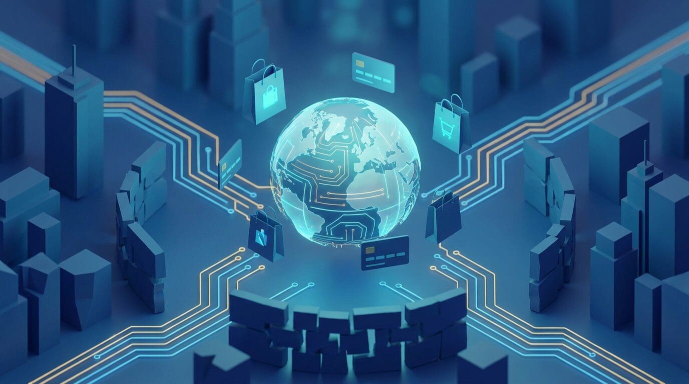 A 3D illustration of a globe with digital commerce icons connected by glowing circuits, representing borderless trade.