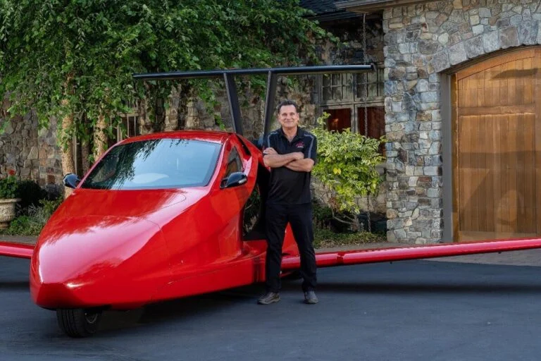What the Tesla Flying Roadster Reveal Means to the Flying Car Market Samson Sky Founder and CEO Sam Bousfield with the original prototype of the Switchblade Flying Car.