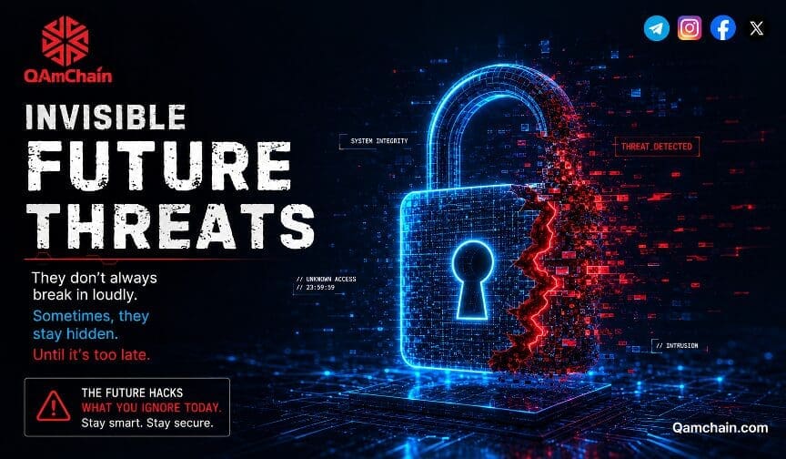  qamchain-invisible-future-threats.jpg. Alt text: Invisible future threats illustration with a cracked digital padlock