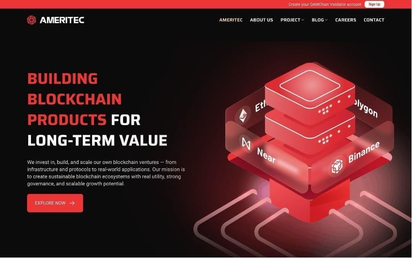 file name: ameritec-ips-homepage.jpg. Alt text: Ameritec IPS homepage presenting its post-quantum blockchain work